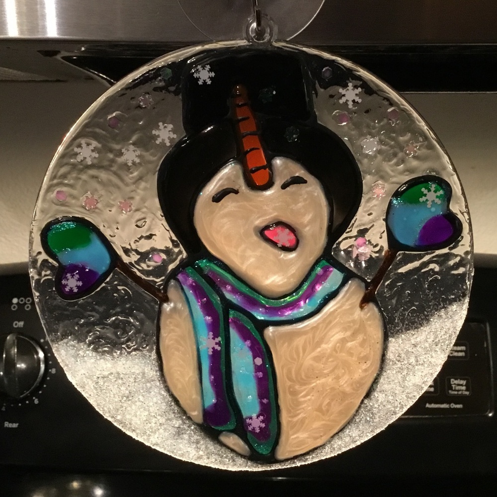 Hand painted Stained glass Snowman catching a snowflake